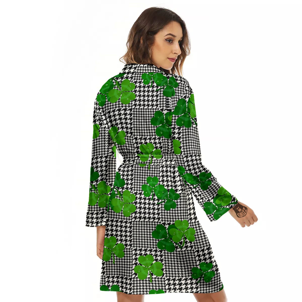Houndstooth Shamrocks Print Pattern Women's Robe-grizzshop
