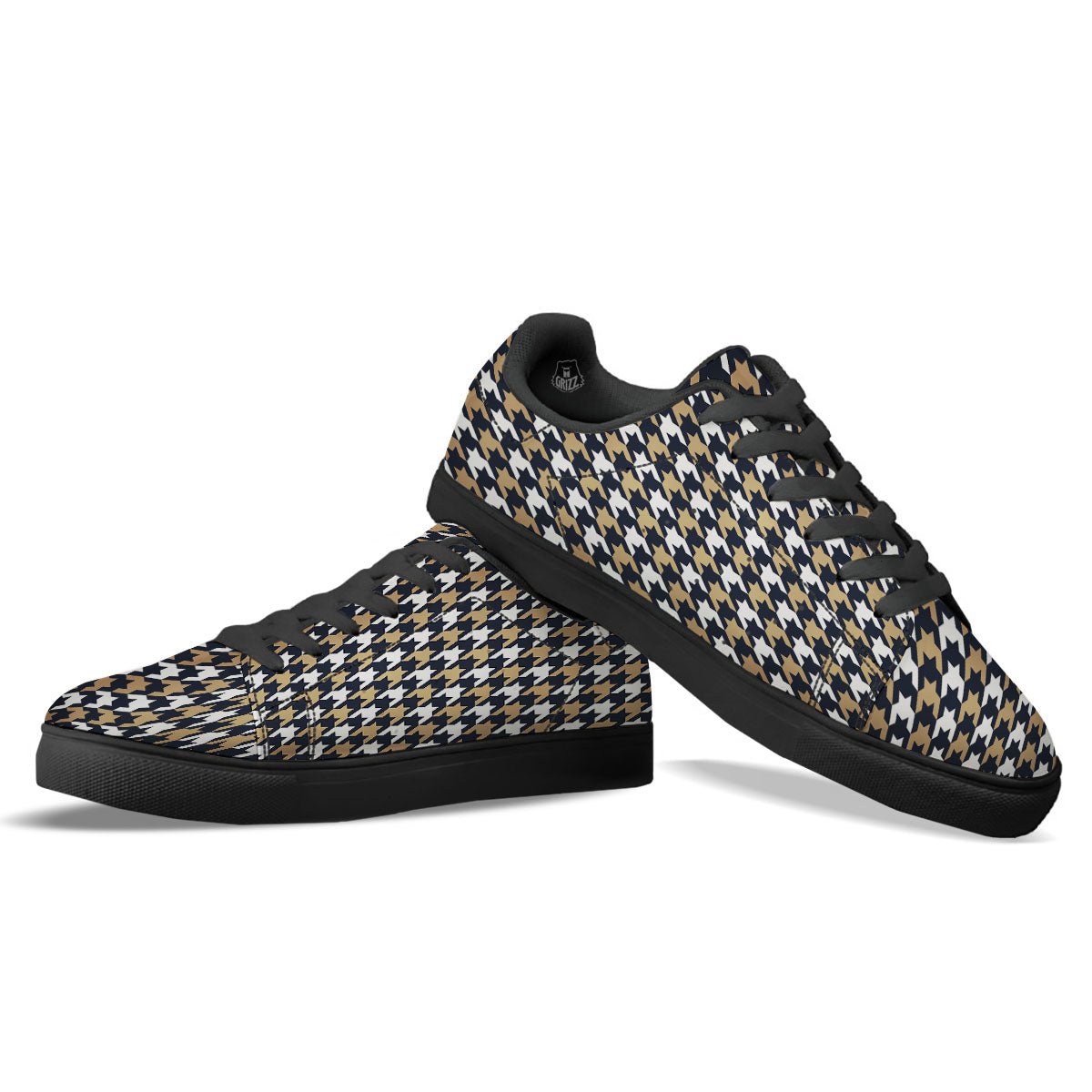 Houndstooth Tan And Brown Print Pattern Black Low Top Sneakers-grizzshop