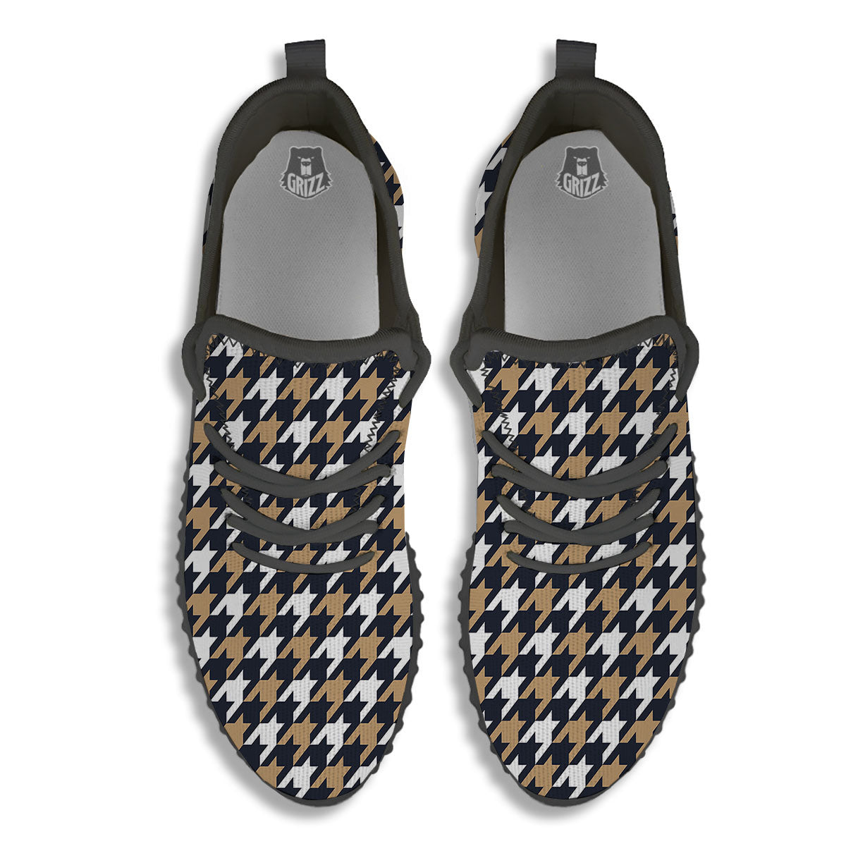 Houndstooth Tan And Brown Print Pattern Black Walking Shoes-grizzshop