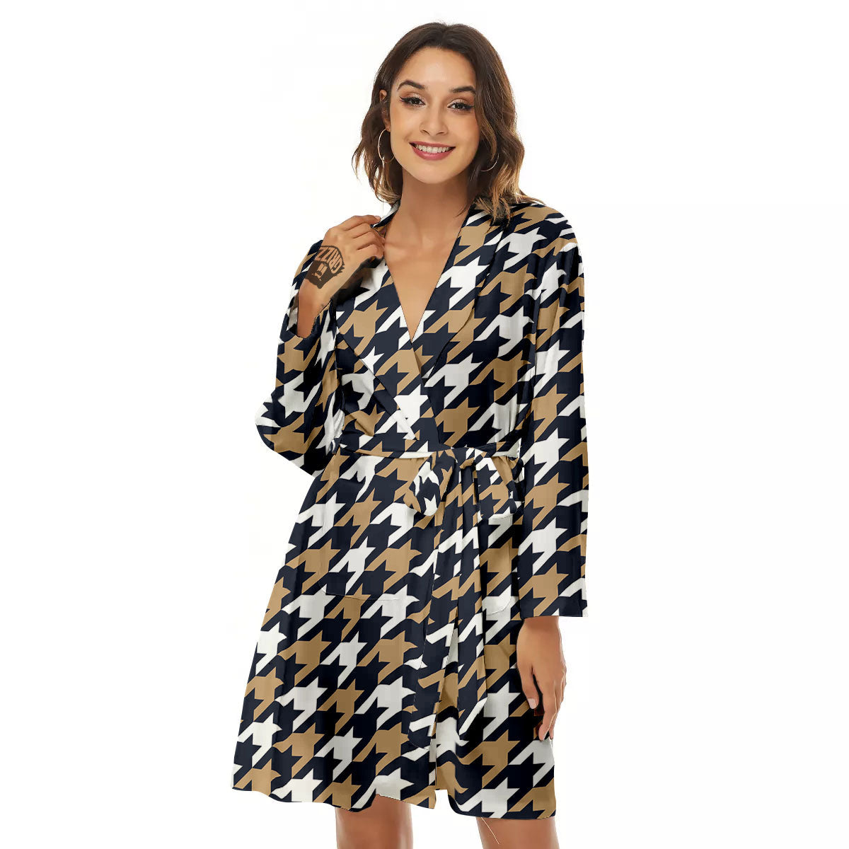 Houndstooth Tan And Brown Print Pattern Women's Robe-grizzshop