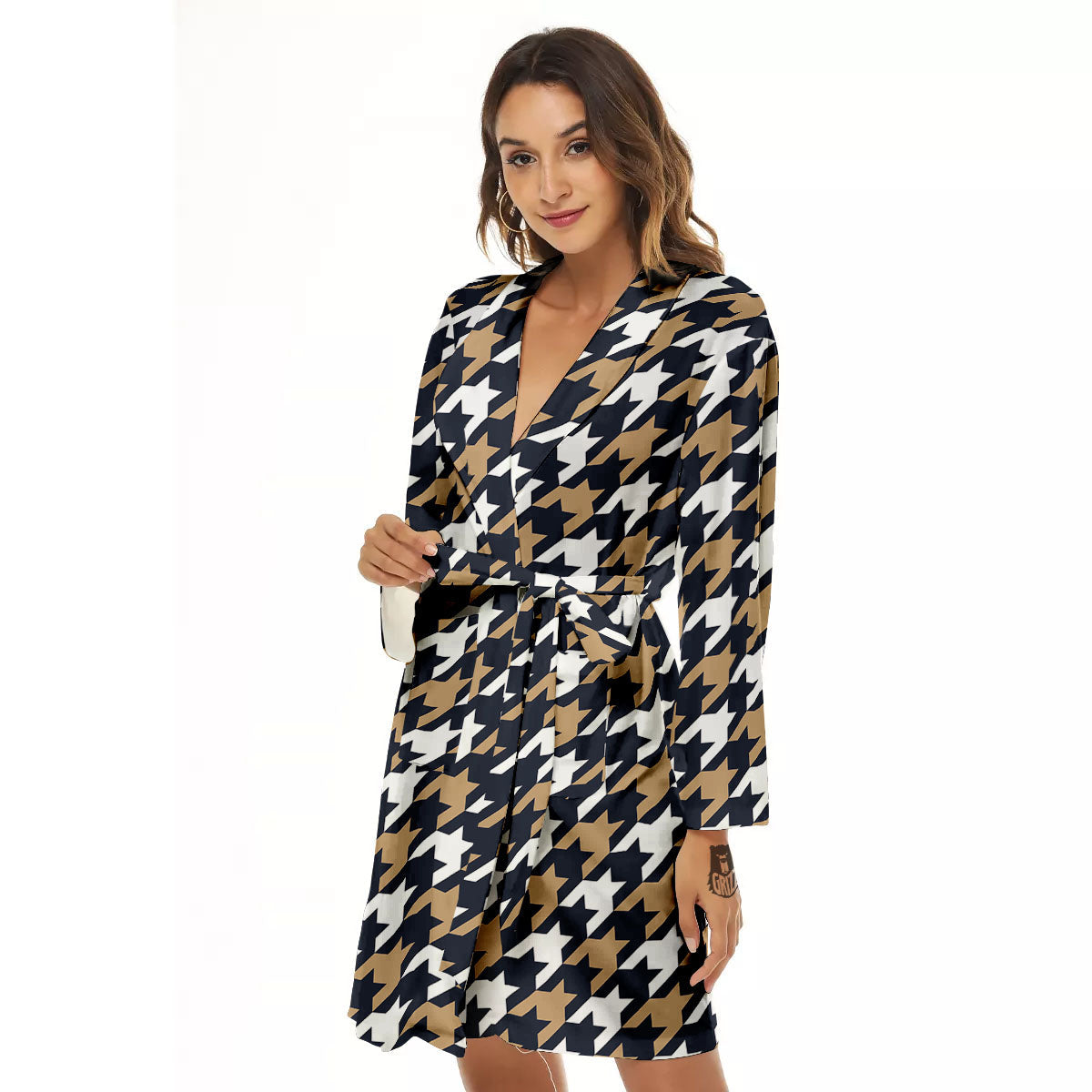 Houndstooth Tan And Brown Print Pattern Women's Robe-grizzshop