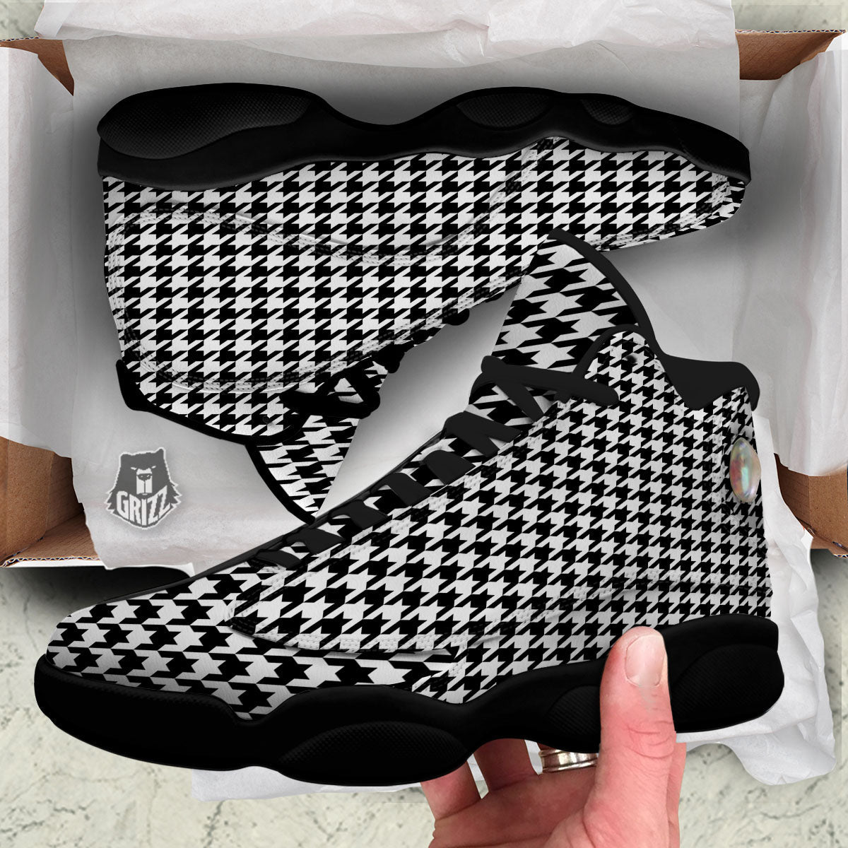 Houndstooth White And Black Print Black Basketball Shoes-grizzshop