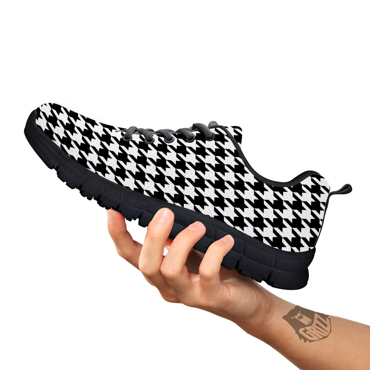 Houndstooth White And Black Print Black Sneaker-grizzshop