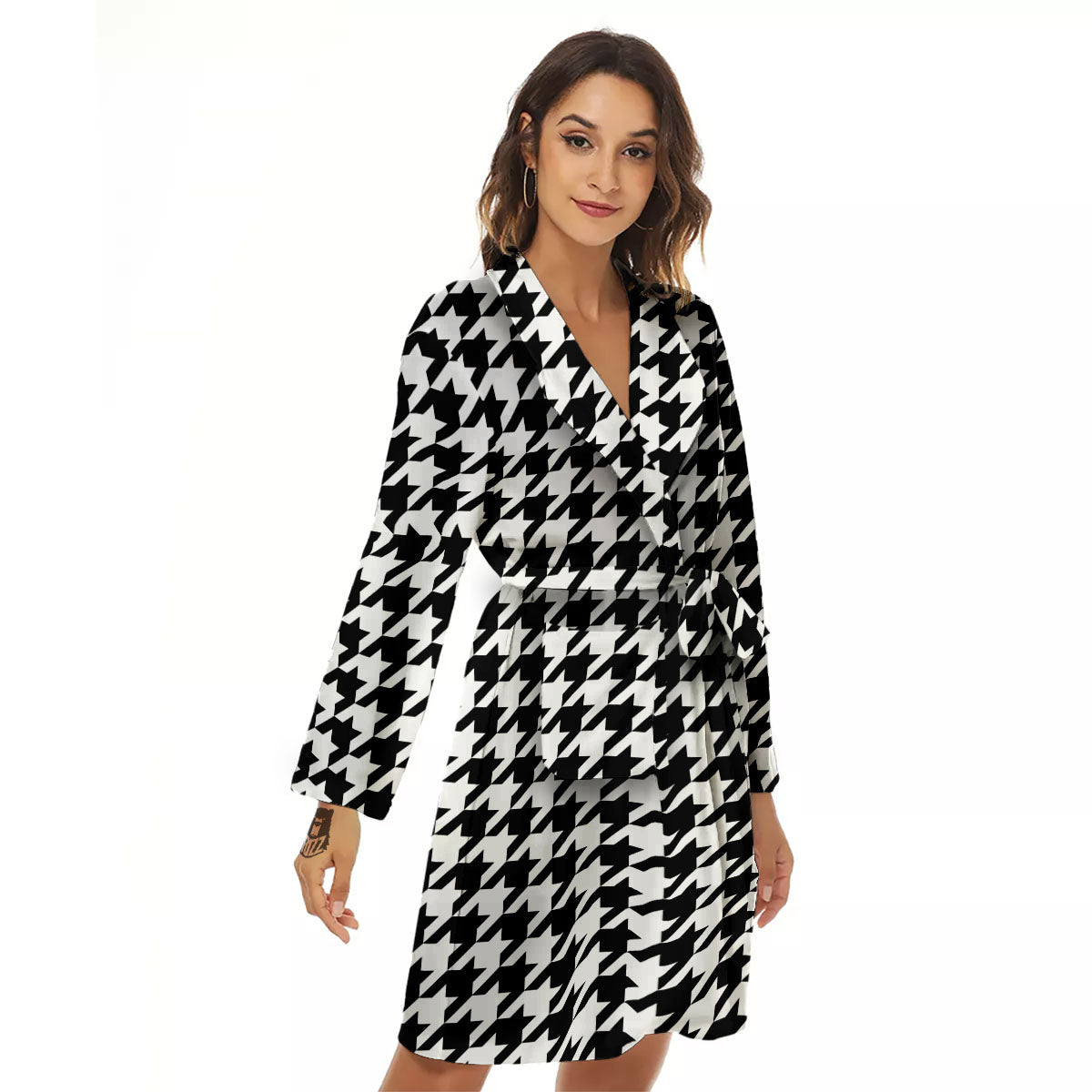 Houndstooth White And Black Print Women's Robe-grizzshop