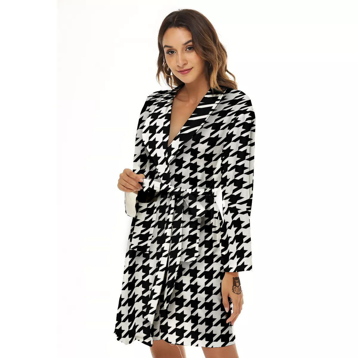 Houndstooth White And Black Print Women's Robe-grizzshop
