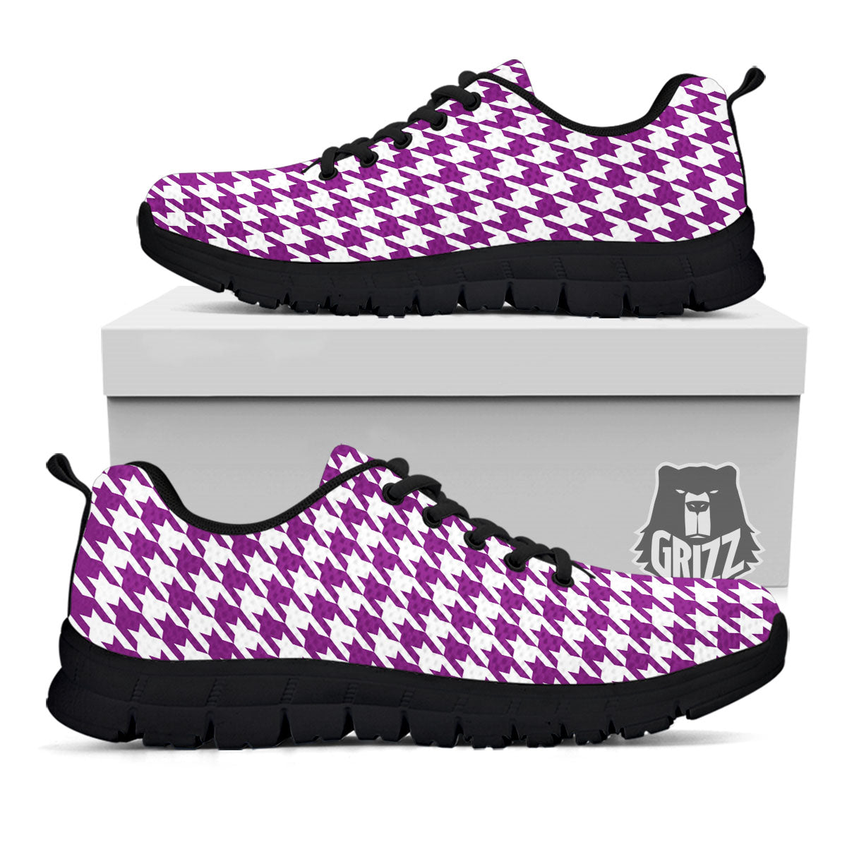 Houndstooth White And Purple Print Black Sneaker-grizzshop