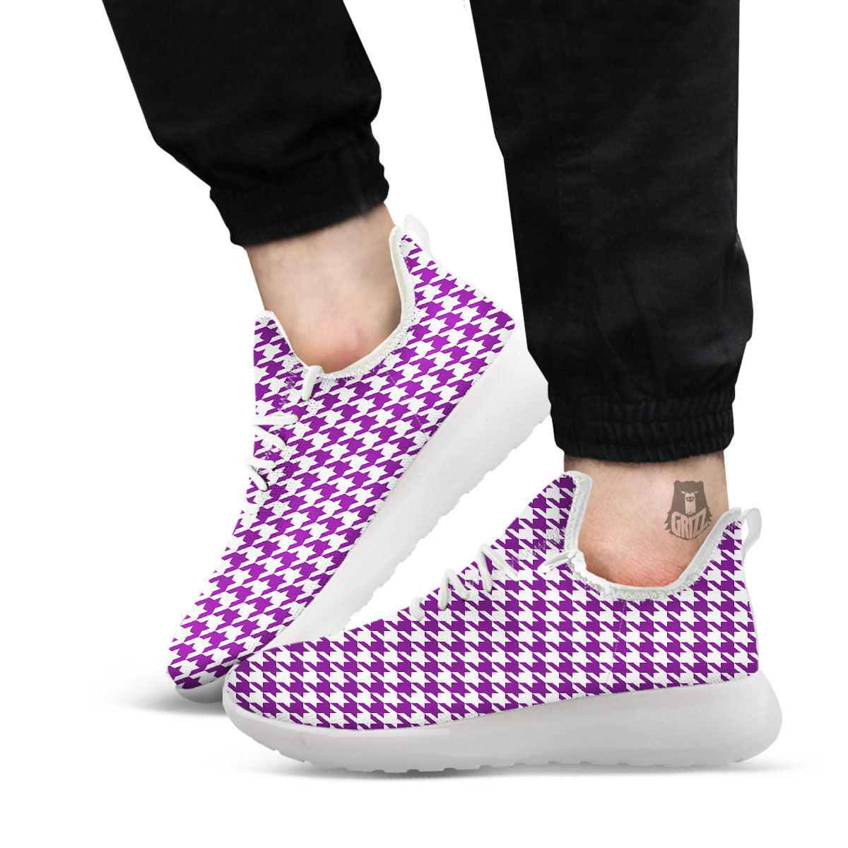 Houndstooth White And Purple Print White Athletic Shoes-grizzshop