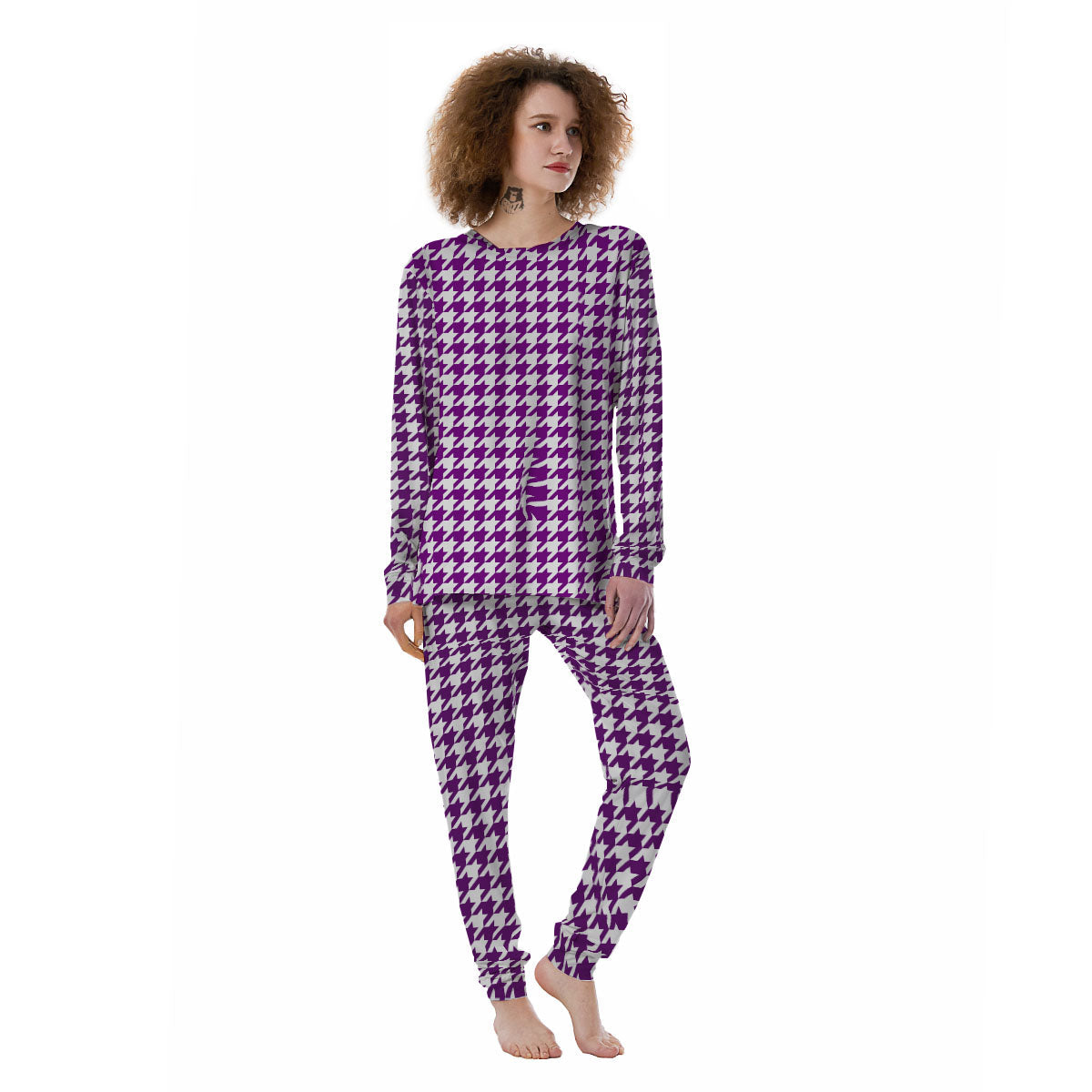 Houndstooth White And Purple Print Women's Pajamas-grizzshop