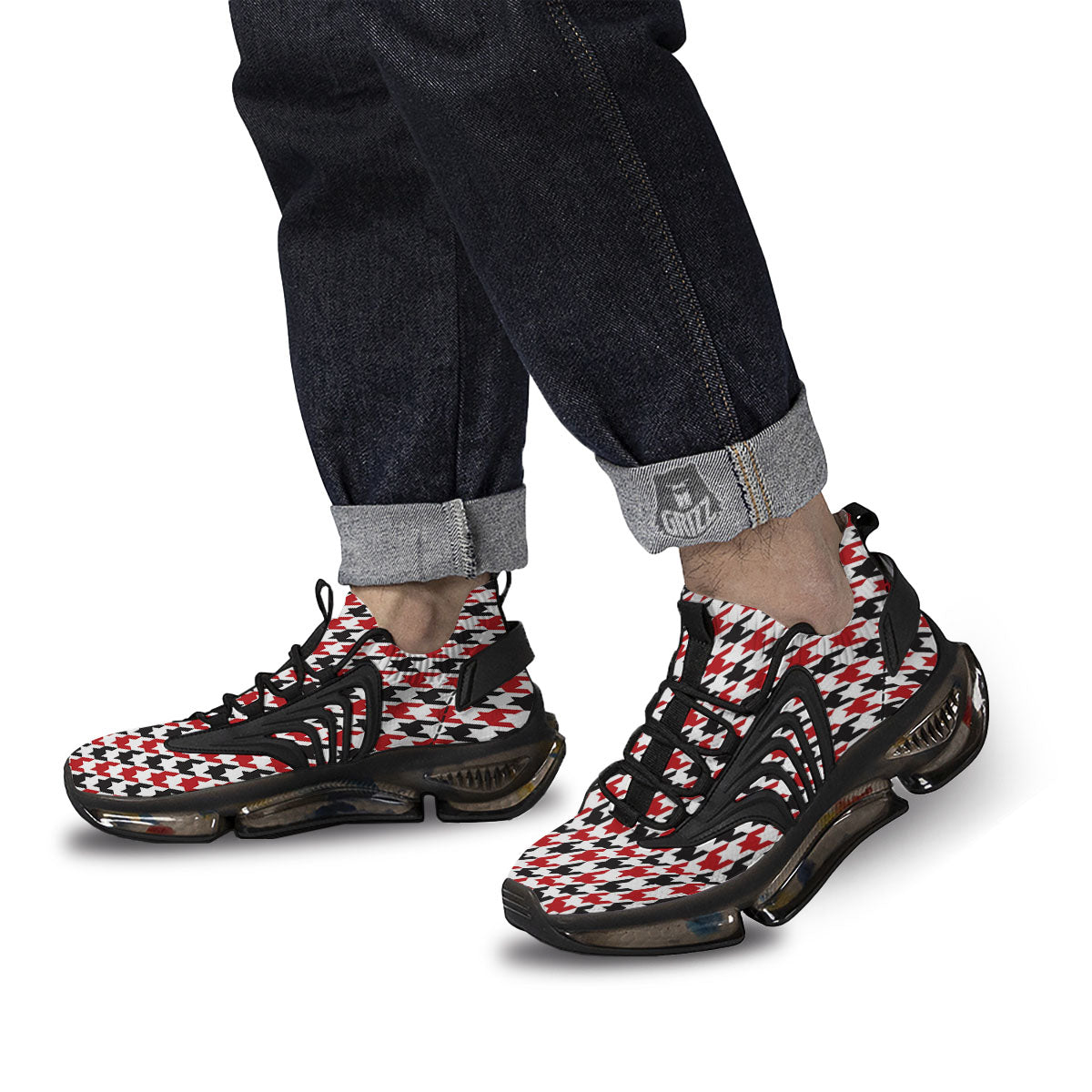 Houndstooth White And Red Print Pattern Black Gym Shoes-grizzshop
