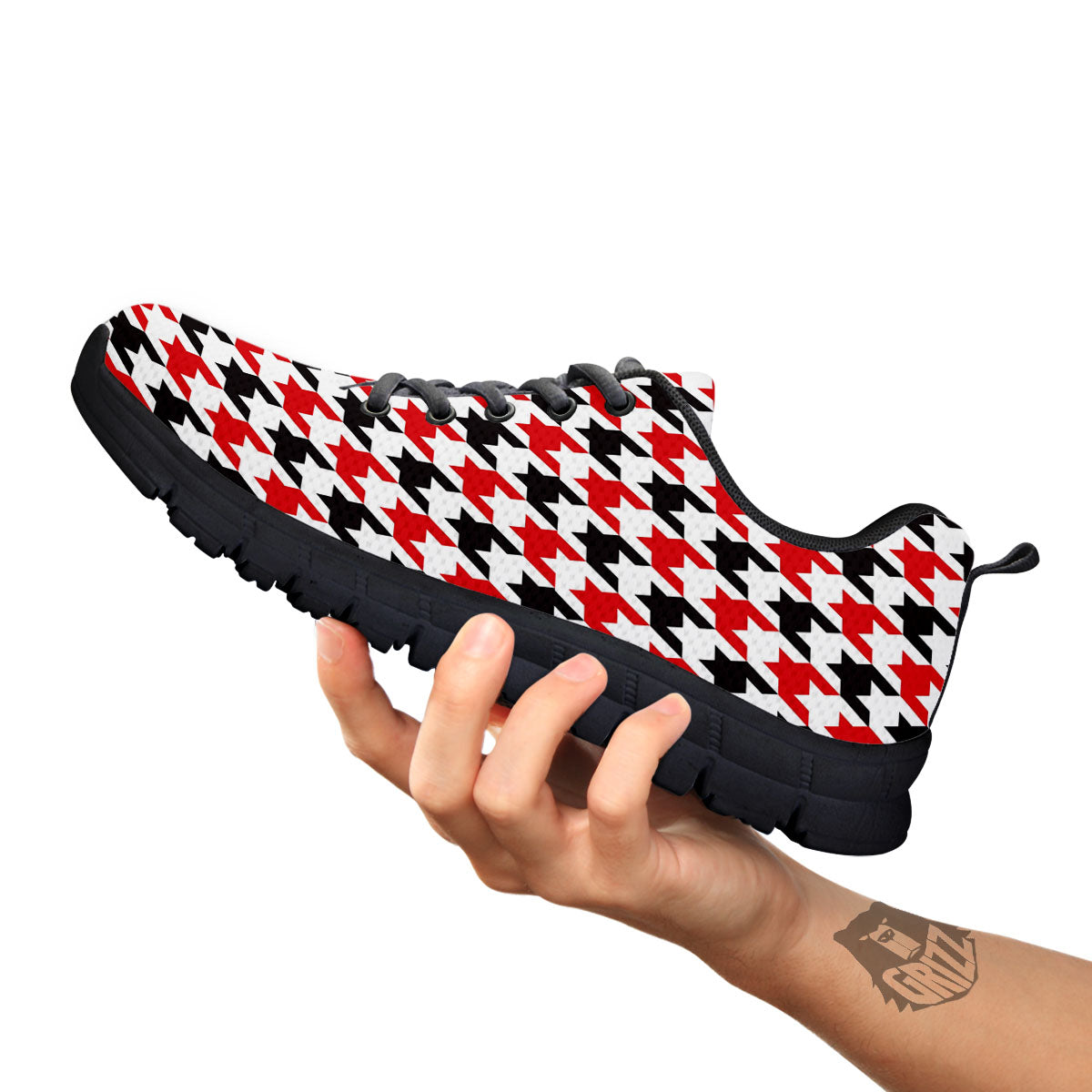 Houndstooth White And Red Print Pattern Black Sneaker-grizzshop