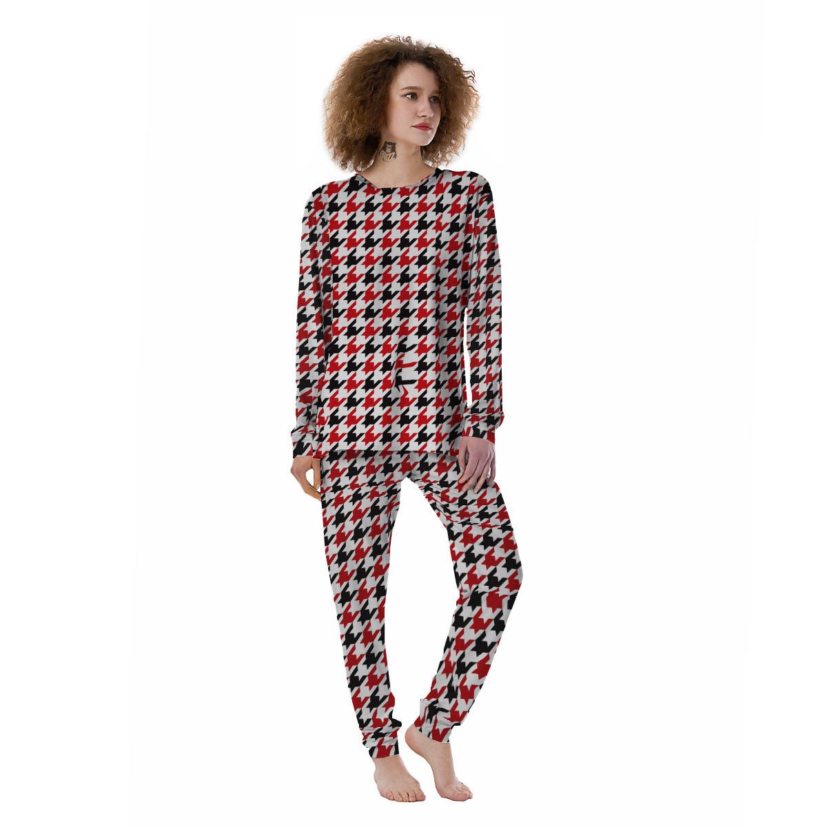 Houndstooth White And Red Print Pattern Women's Pajamas-grizzshop