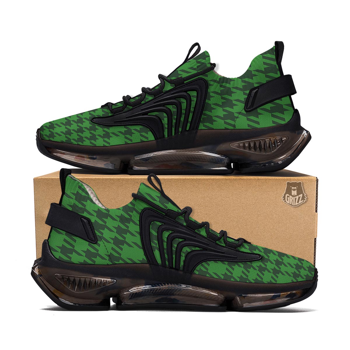 Houndstooth green Trippy Print Pattern Black Gym Shoes-grizzshop