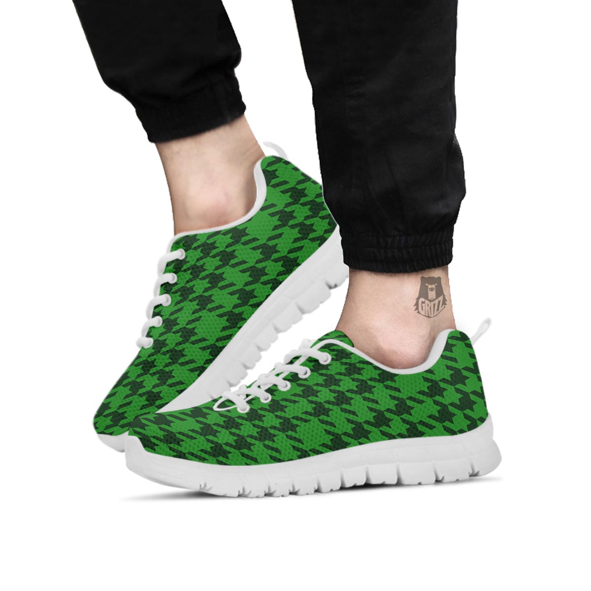 Houndstooth green Trippy Print Pattern White Sneaker-grizzshop
