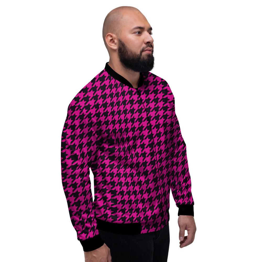Houndstooth Black And Pink Magenta Print Men's Bomber Jacket-grizzshop