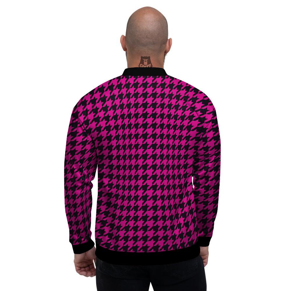 Houndstooth Black And Pink Magenta Print Men's Bomber Jacket-grizzshop