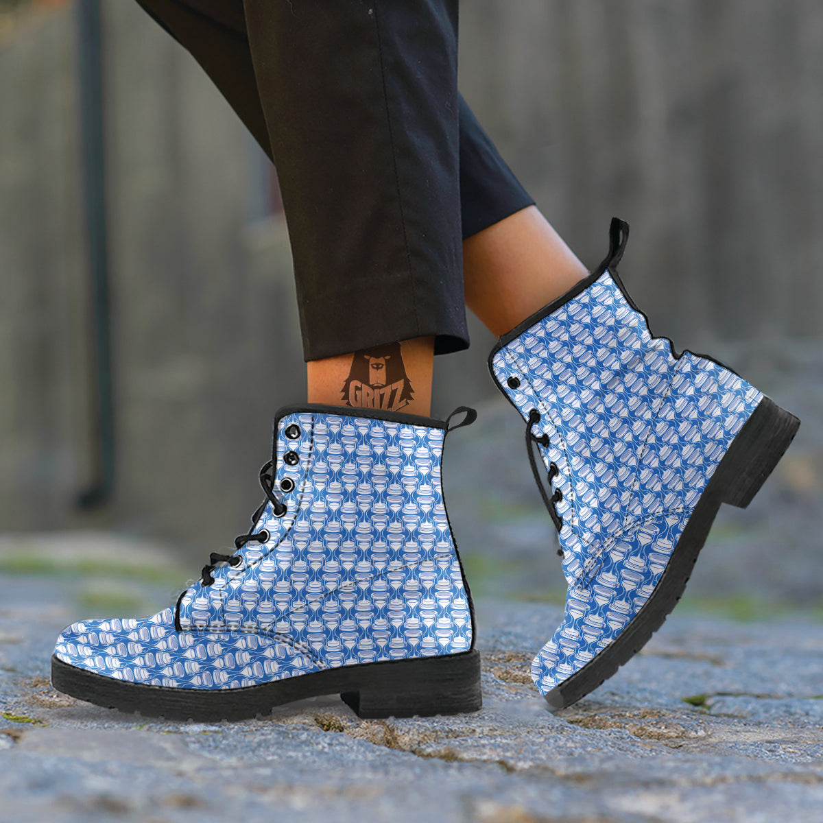 Hourglasses White And Blue Print Pattern Leather Boots-grizzshop