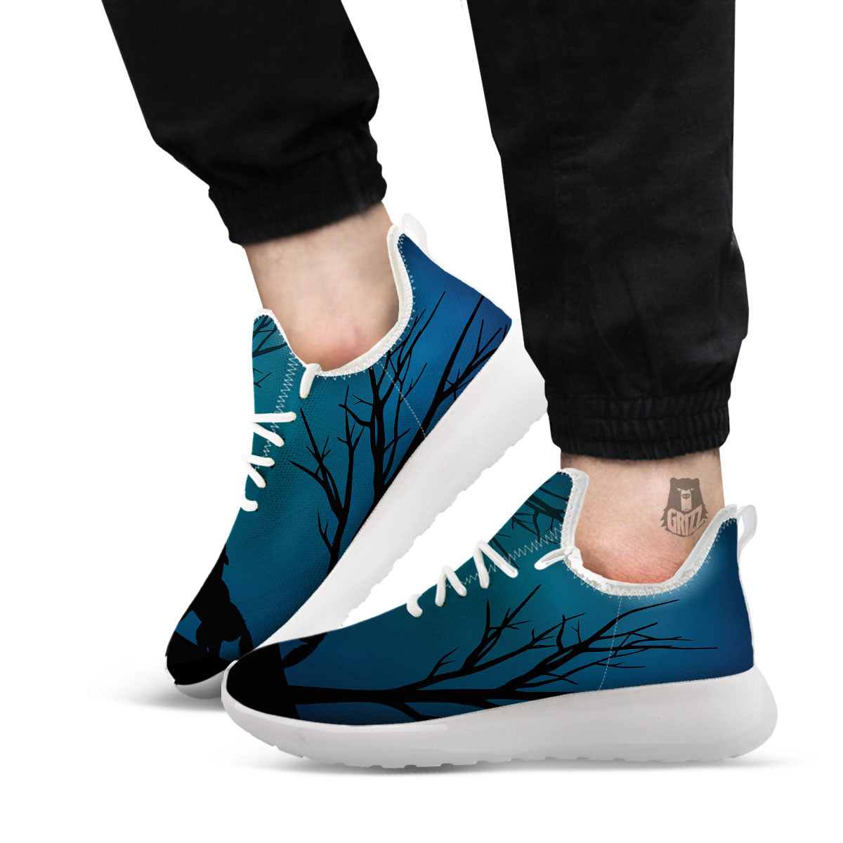 Howling Wolf At The Full Moon Print White Athletic Shoes-grizzshop