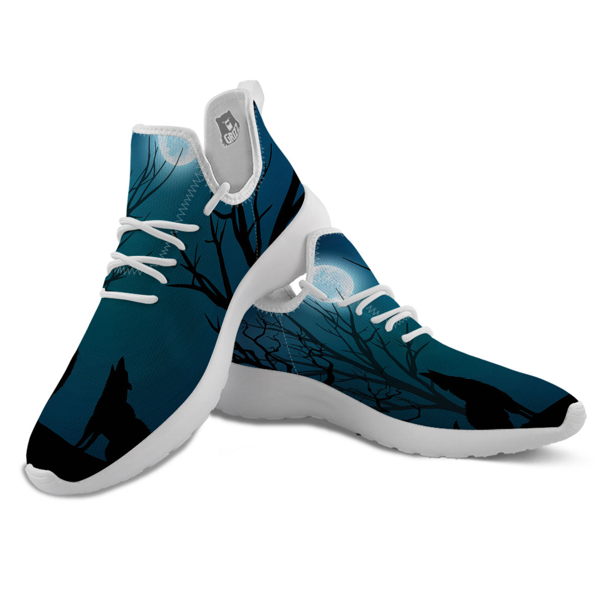 Howling Wolf At The Full Moon Print White Athletic Shoes-grizzshop