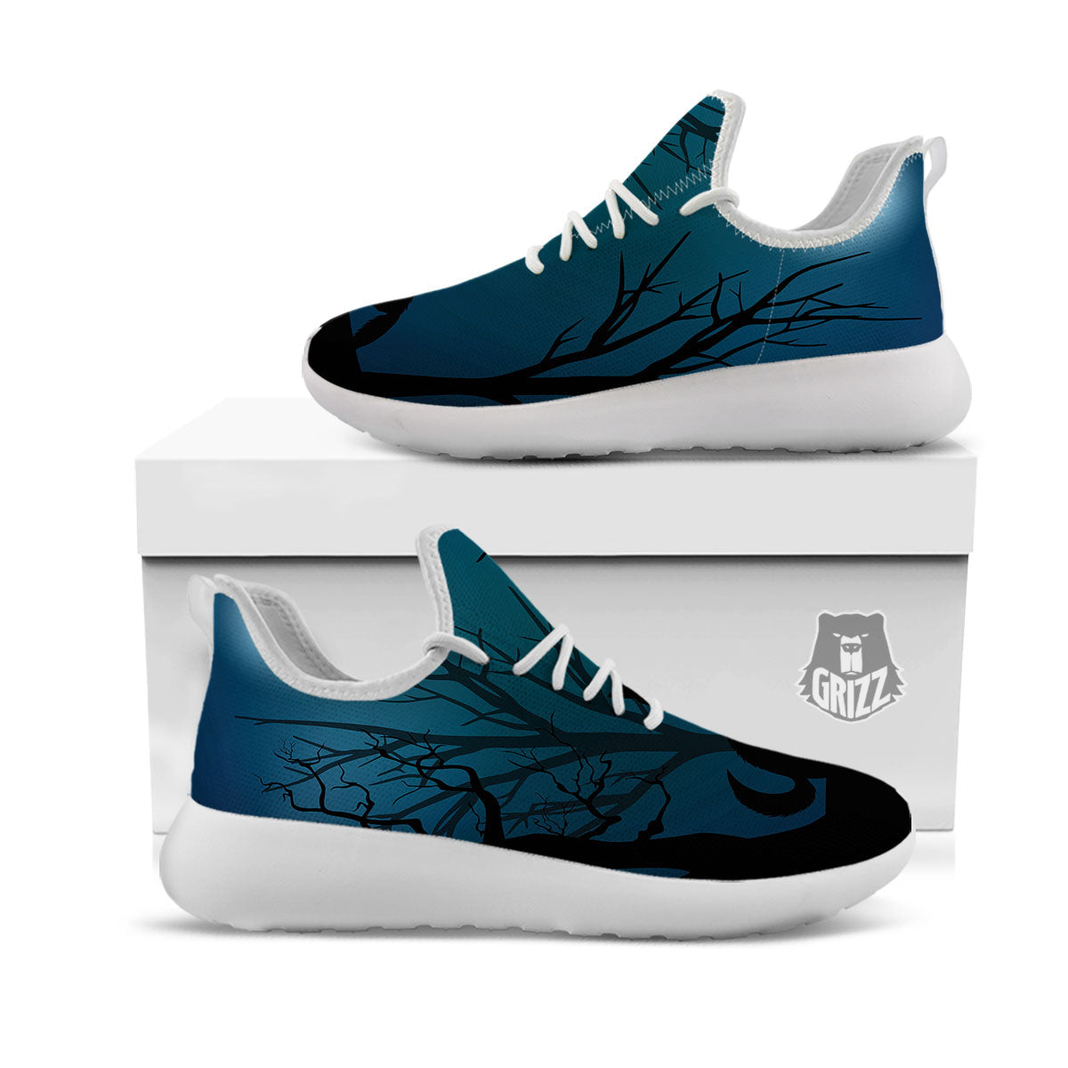 Howling Wolf At The Full Moon Print White Athletic Shoes-grizzshop