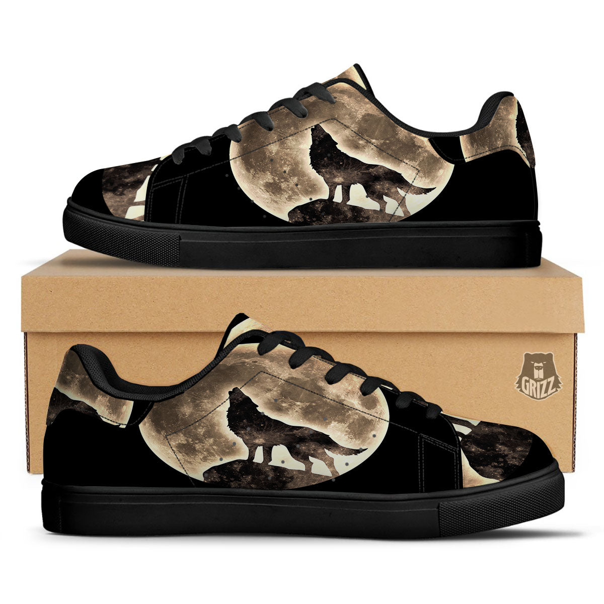Howling Wolf Full Moon Print Black Low Top Sneakers-grizzshop