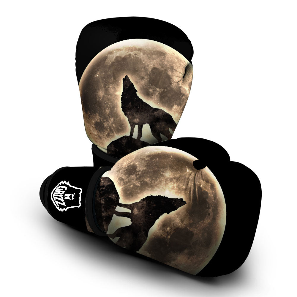 Howling Wolf Full Moon Print Boxing Gloves-grizzshop