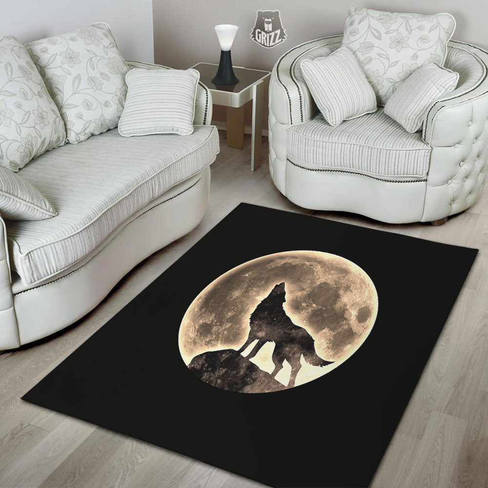 Howling Wolf Full Moon Print Floor Mat-grizzshop