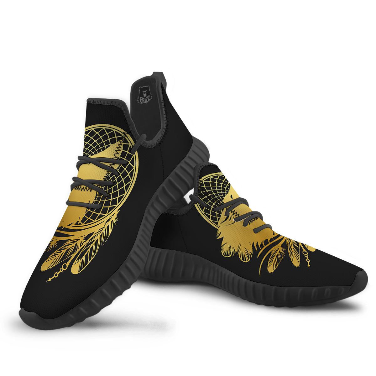Howling Wolf Golden Bohemian Print Black Walking Shoes-grizzshop