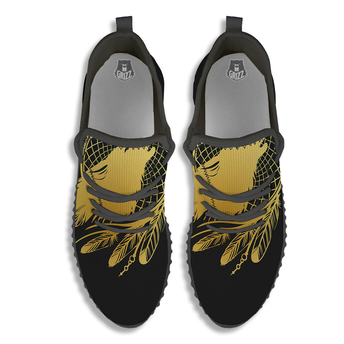 Howling Wolf Golden Bohemian Print Black Walking Shoes-grizzshop