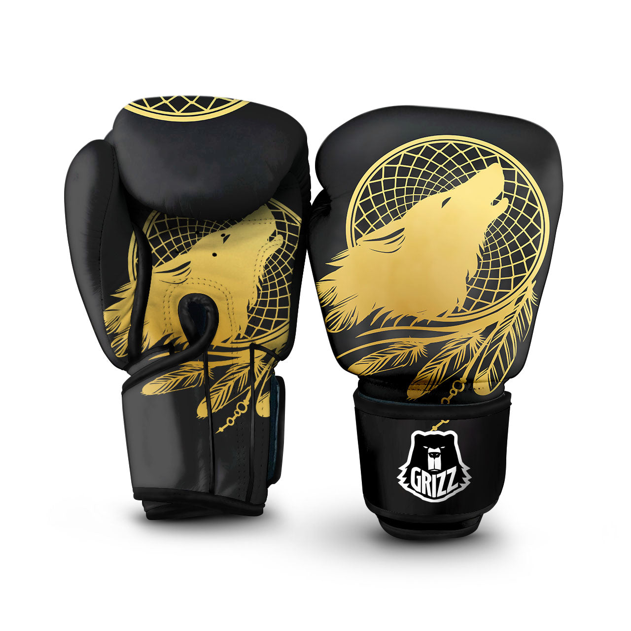 Howling Wolf Golden Bohemian Print Boxing Gloves-grizzshop