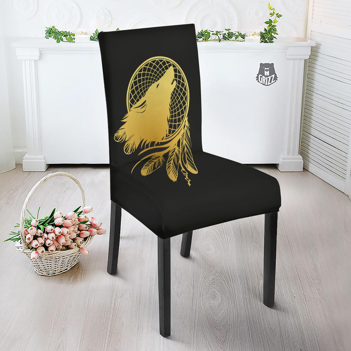Howling Wolf Golden Bohemian Print Dining Chair Slipcover-grizzshop