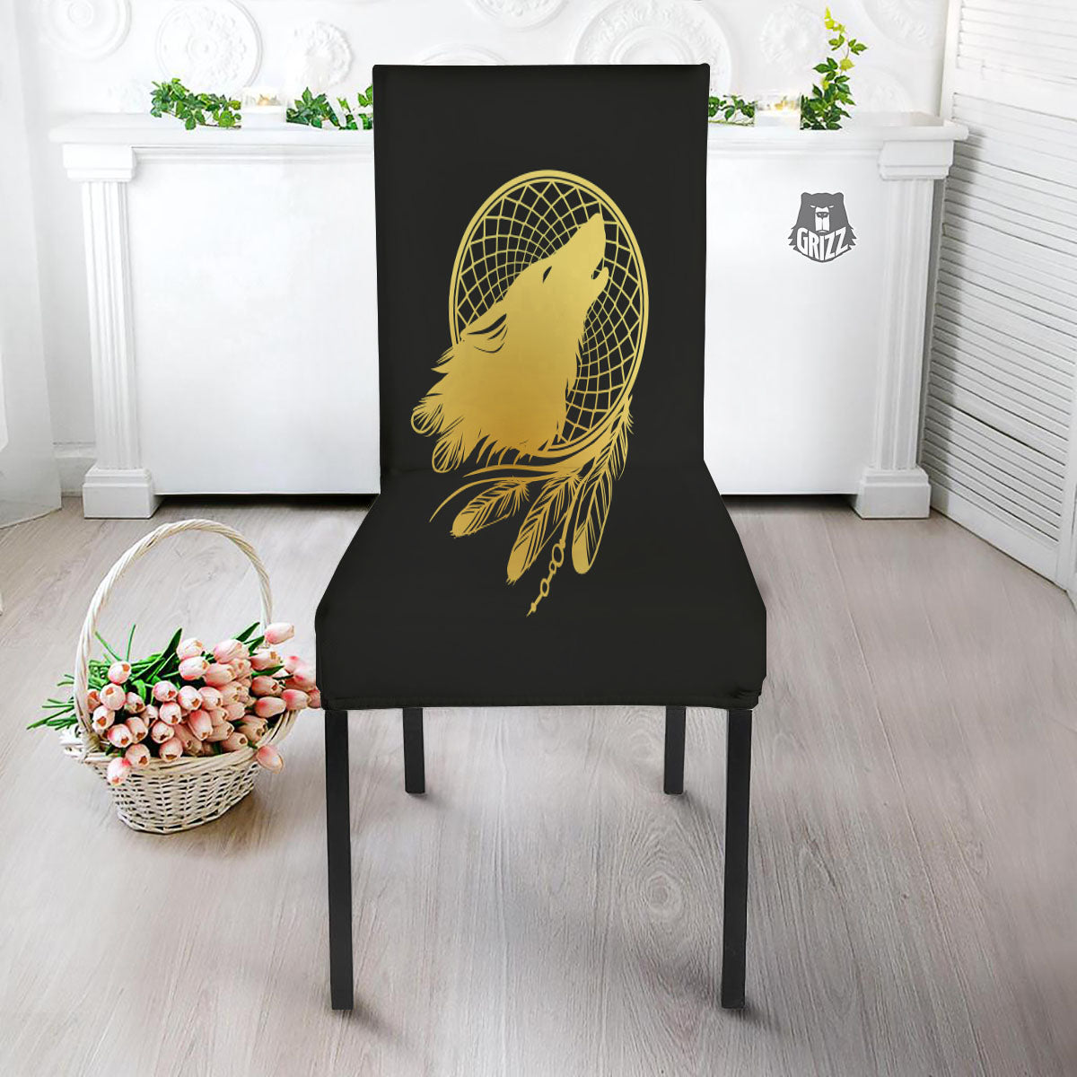 Howling Wolf Golden Bohemian Print Dining Chair Slipcover-grizzshop
