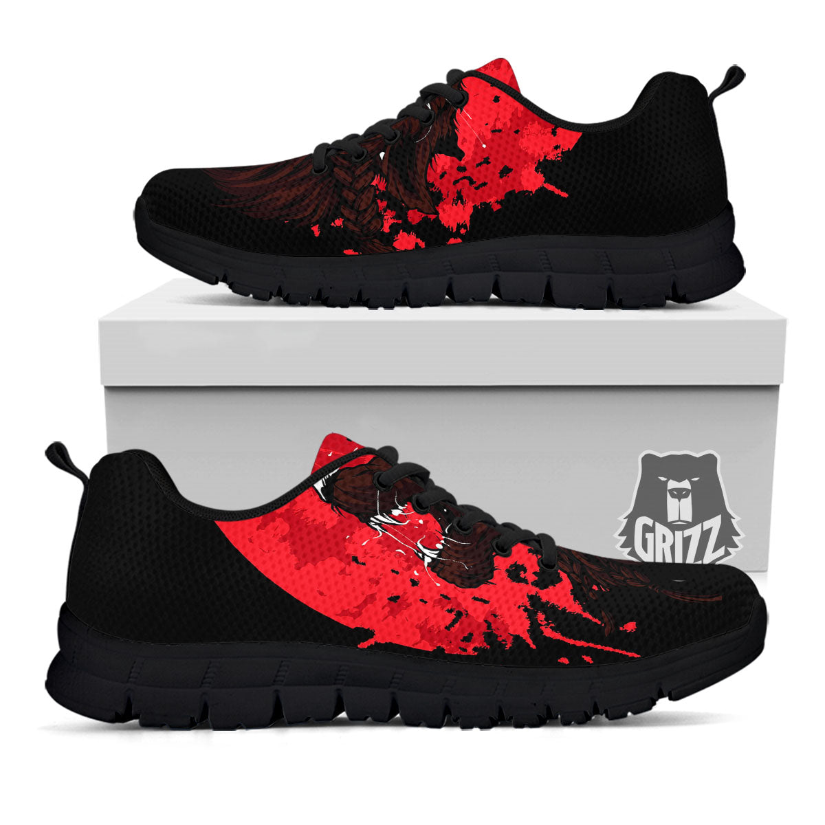 Howling Wolf Red Moon Print Black Sneaker-grizzshop