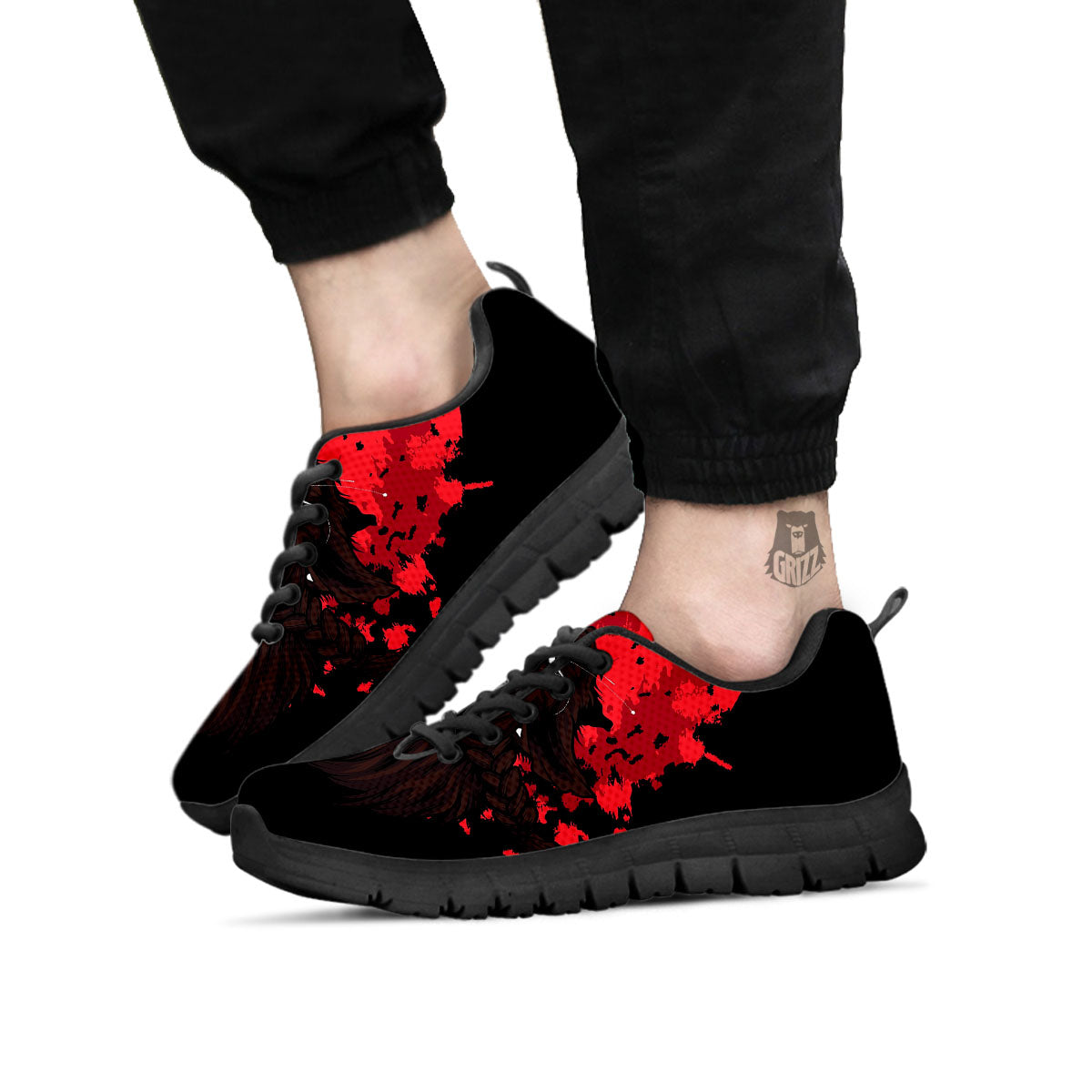 Howling Wolf Red Moon Print Black Sneaker-grizzshop