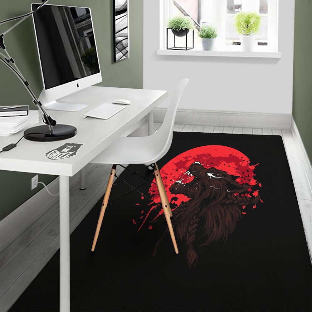 Howling Wolf Red Moon Print Floor Mat-grizzshop