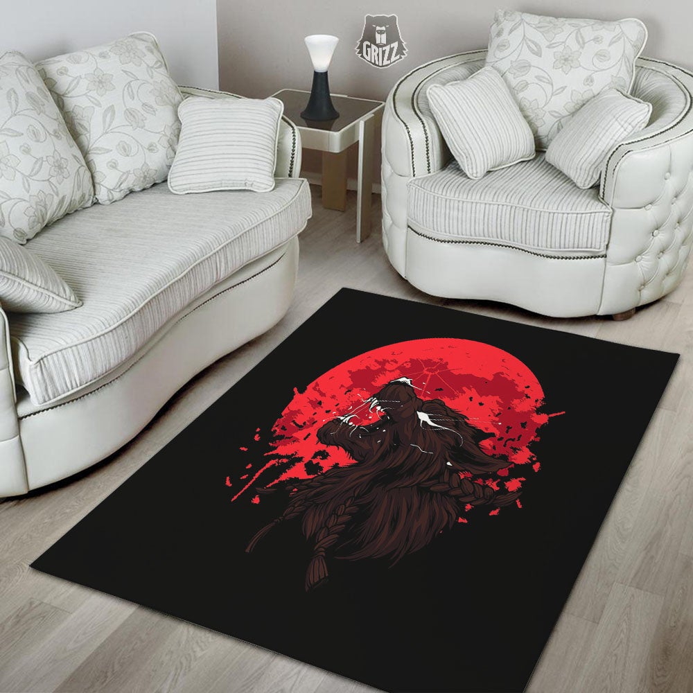 Howling Wolf Red Moon Print Floor Mat-grizzshop
