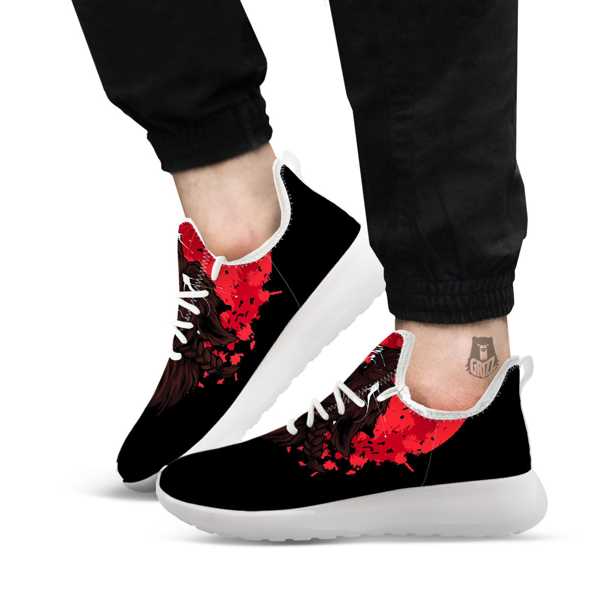 Howling Wolf Red Moon Print White Athletic Shoes-grizzshop