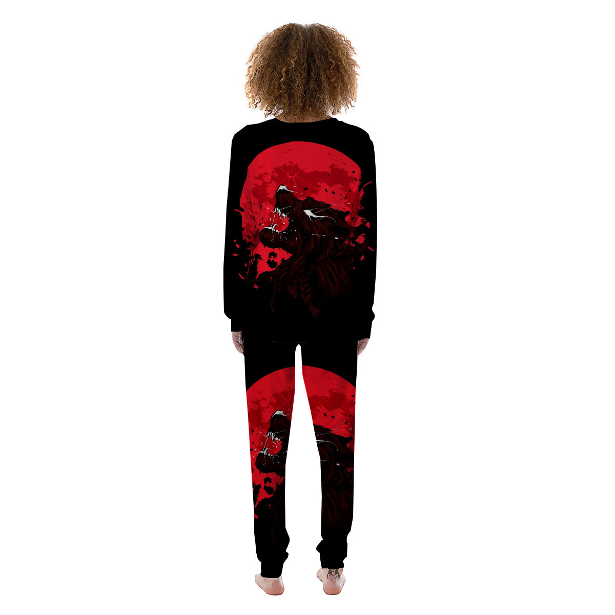 Howling Wolf Red Moon Print Women's Pajamas-grizzshop