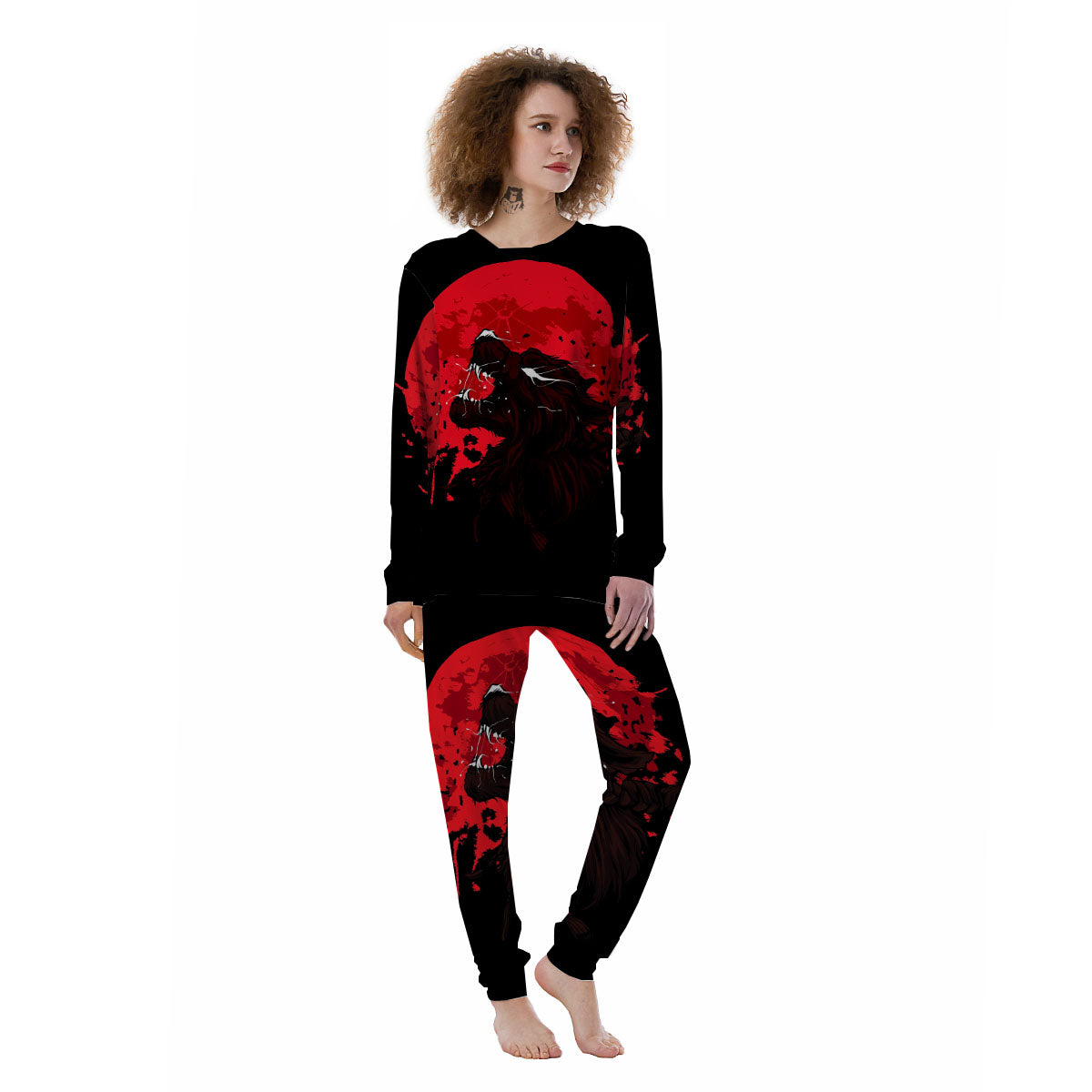 Howling Wolf Red Moon Print Women's Pajamas-grizzshop