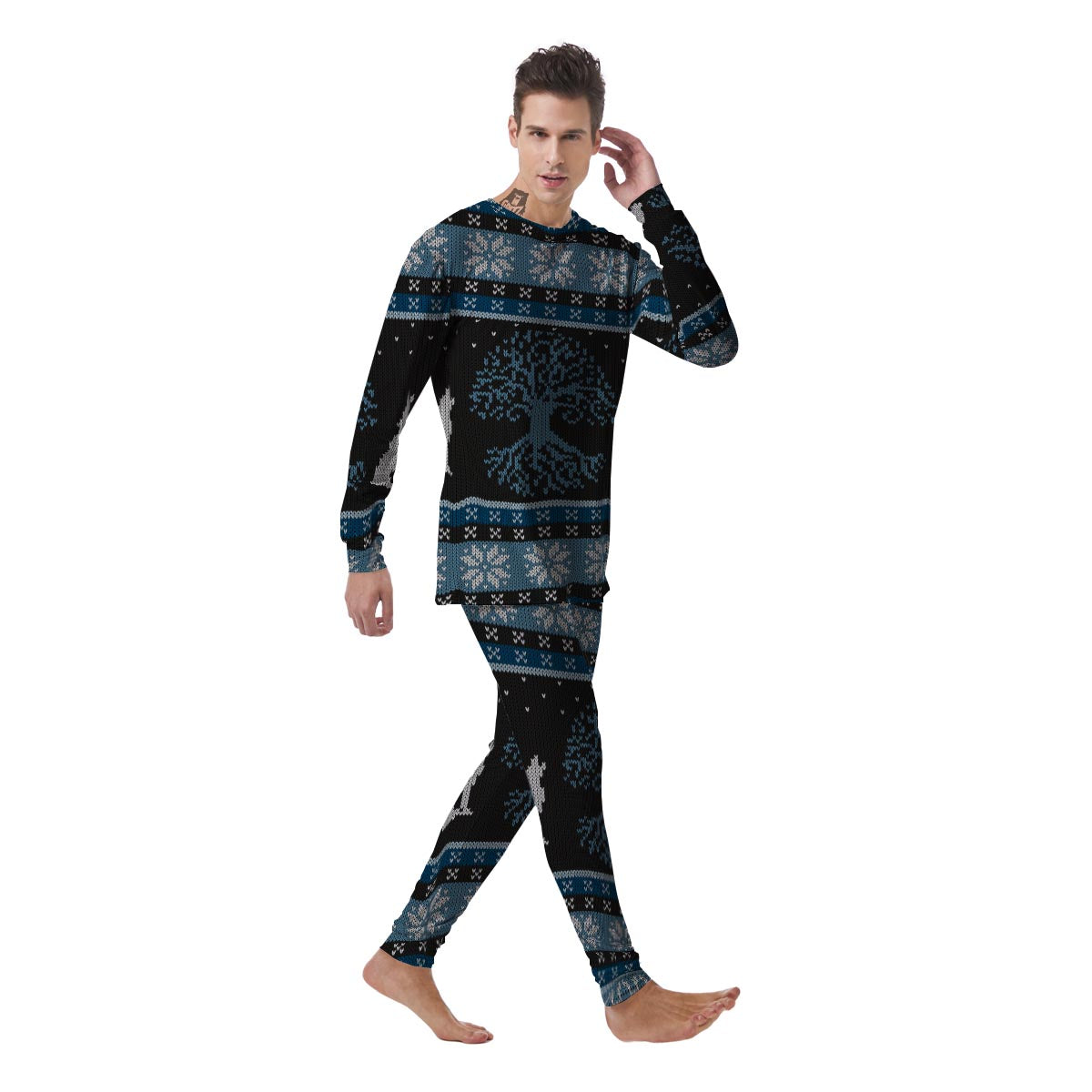 Howling Wolves And Tree Of Life Print Men's Pajamas-grizzshop