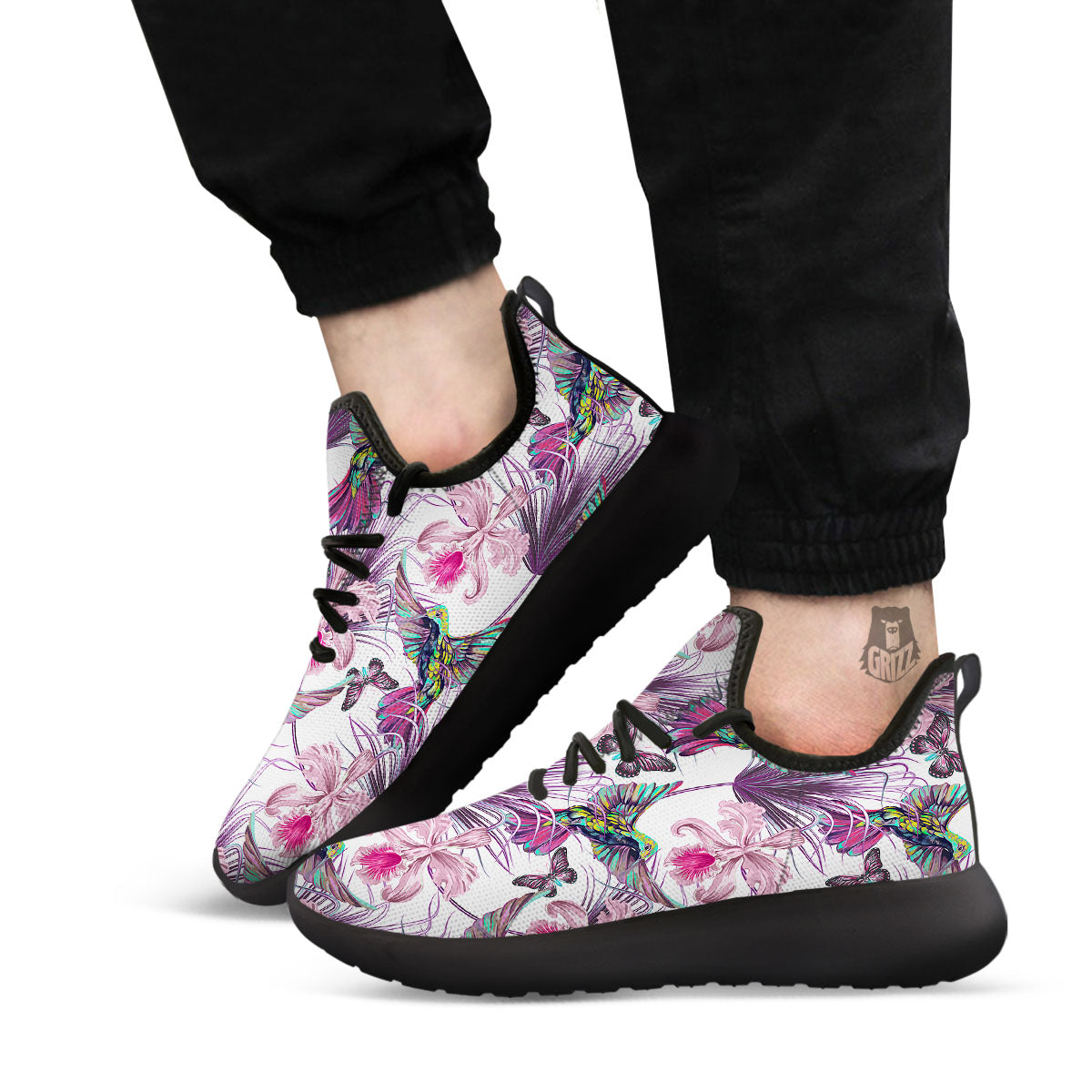 Hummingbird And Pink Flowers Print Black Athletic Shoes-grizzshop