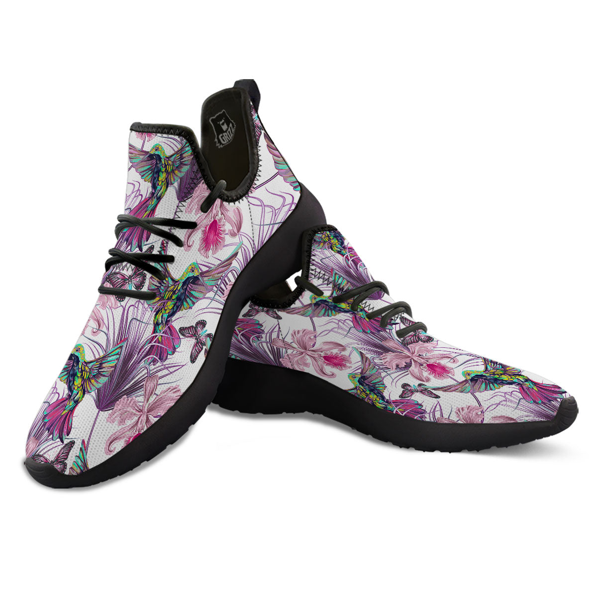 Hummingbird And Pink Flowers Print Black Athletic Shoes-grizzshop