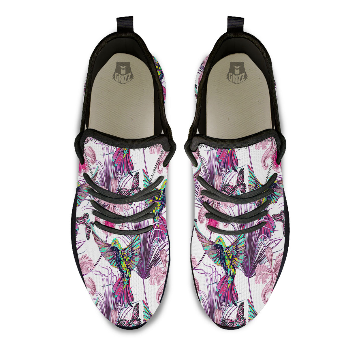 Hummingbird And Pink Flowers Print Black Athletic Shoes-grizzshop