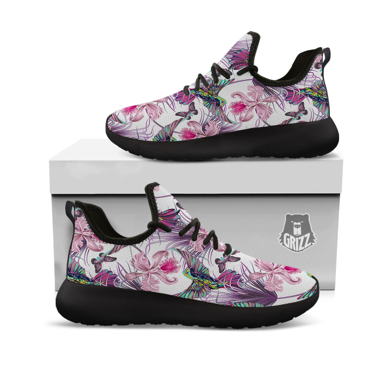 Hummingbird And Pink Flowers Print Black Athletic Shoes-grizzshop