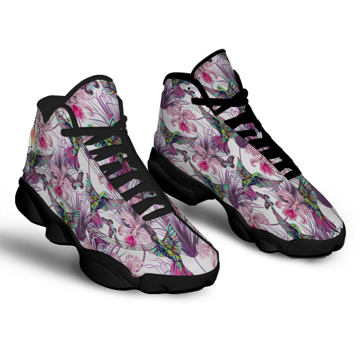 Hummingbird And Pink Flowers Print Black Basketball Shoes-grizzshop