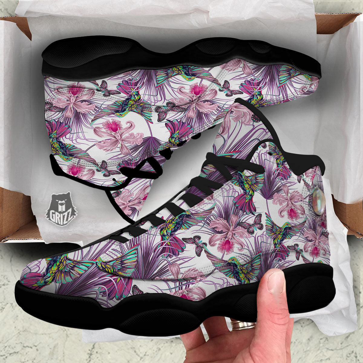 Hummingbird And Pink Flowers Print Black Basketball Shoes-grizzshop