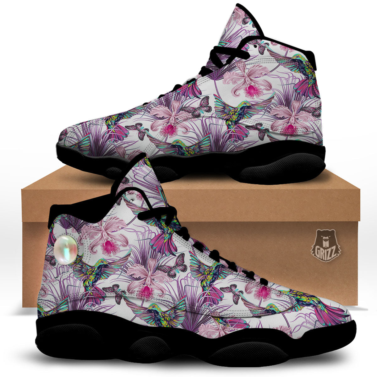 Hummingbird And Pink Flowers Print Black Basketball Shoes-grizzshop