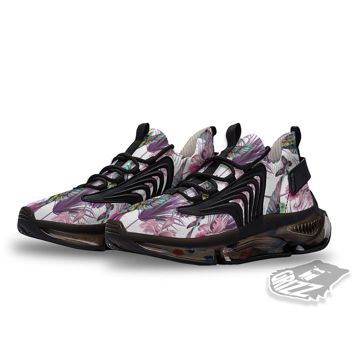 Hummingbird And Pink Flowers Print Black Gym Shoes-grizzshop