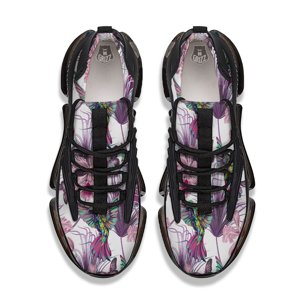 Hummingbird And Pink Flowers Print Black Gym Shoes-grizzshop