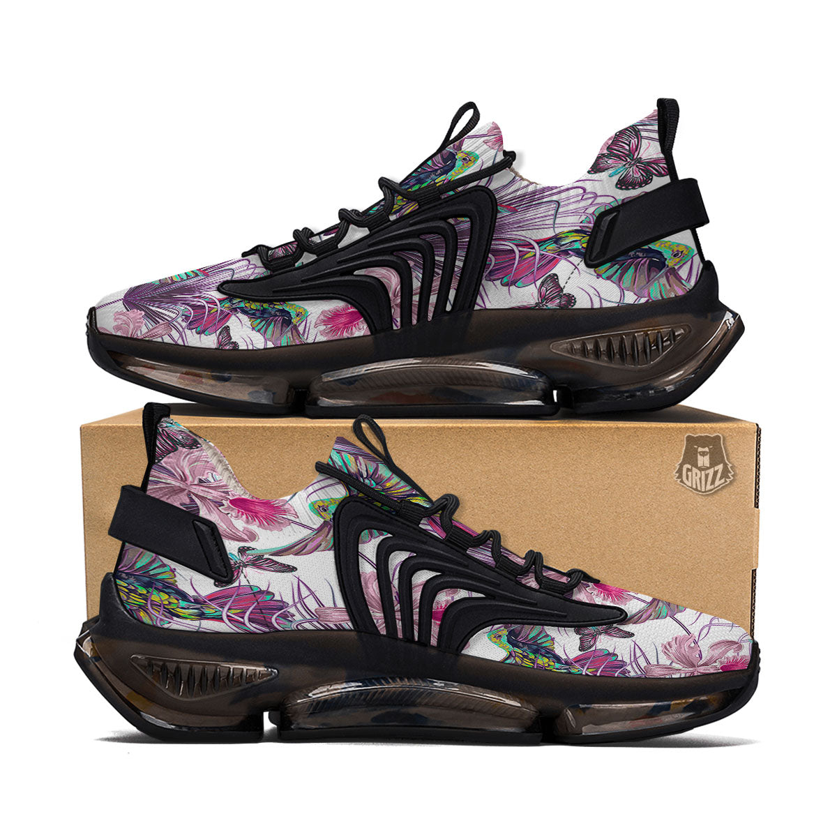 Hummingbird And Pink Flowers Print Black Gym Shoes-grizzshop