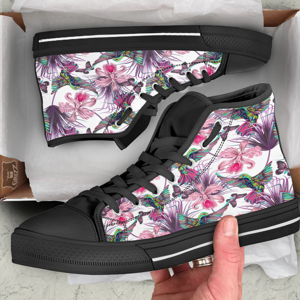 Hummingbird And Pink Flowers Print Black High Top Shoes-grizzshop